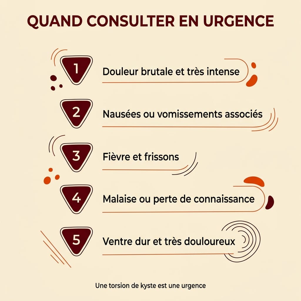 Infographie des signaux d'alerte imposant une consultation en urgence en cas de douleur ovarienne, avec mention de la torsion de kyste, en français