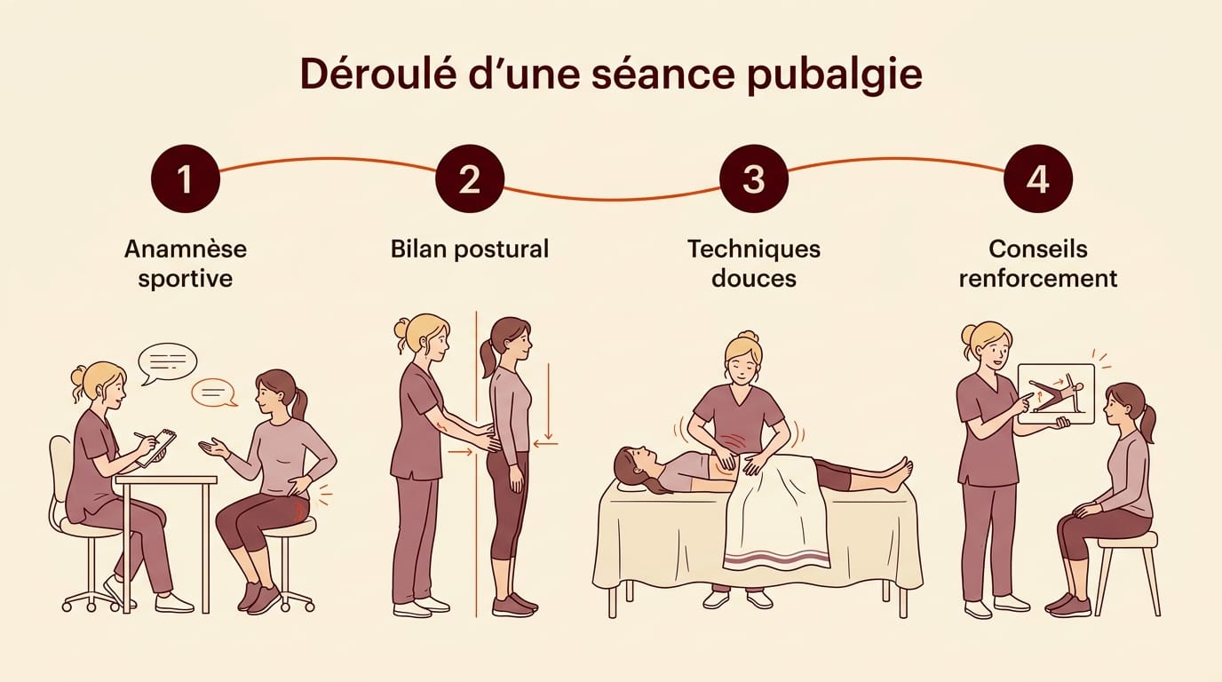 Infographie 16:9 en français présentant le déroulé d'une séance d'ostéopathie pour la pubalgie en quatre étapes : anamnèse sportive, bilan postural et tests cliniques, techniques douces sur bassin diaphragme et psoas, puis conseils de renforcement et coordination kiné, sur fond crème avec numéros bordeaux et timeline orange
