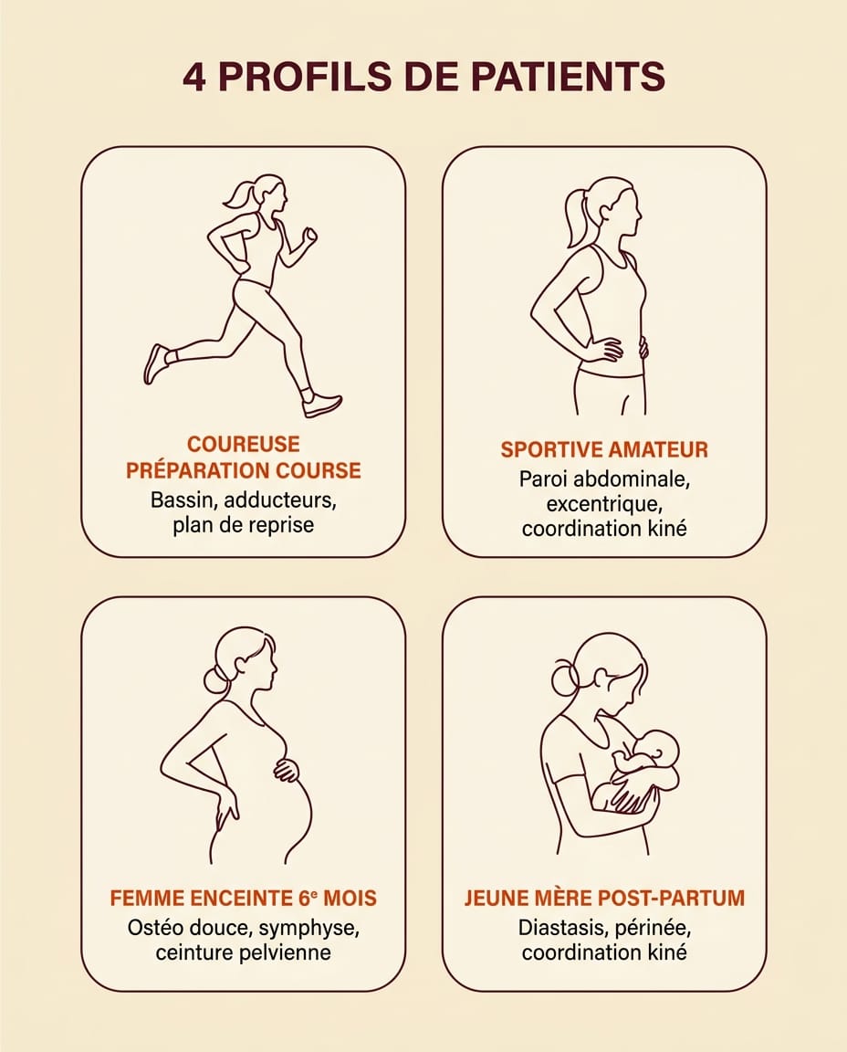 Infographie portrait en français présentant quatre profils de patients vus au cabinet pour pubalgie : coureur amateur en préparation marathon, footballeur de club de quartier, femme enceinte au sixième mois, et jeune mère en post-partum, sous forme de cartes en grille 2x2 avec silhouettes bordeaux et libellés ink