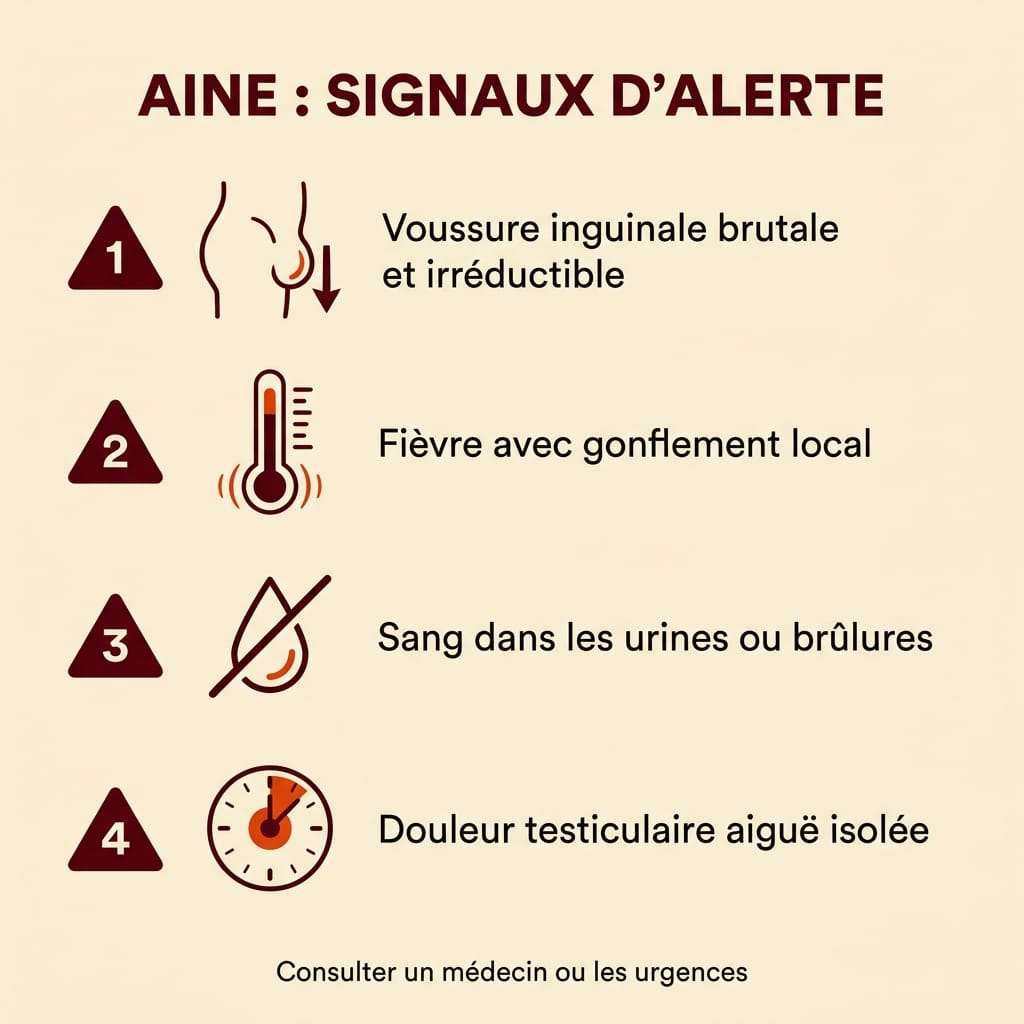 Infographie carrée en français listant les quatre signaux d'alerte d'une douleur d'aine qui imposent un avis médical avant ostéopathie : voussure inguinale qui ne se réduit plus, fièvre associée, douleur testiculaire aiguë, et troubles urinaires, avec triangles d'alerte bordeaux et icônes orange