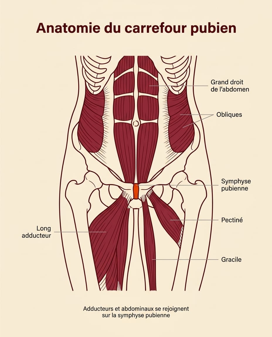 Infographie portrait en français montrant l'anatomie du carrefour pubien en vue antérieure : grand droit de l'abdomen, obliques externe et interne, transverse, insertion sur la symphyse pubienne, long adducteur, gracile, pectiné, avec étiquettes ink en français pour chaque structure, schéma anatomique simple et lisible sur fond crème