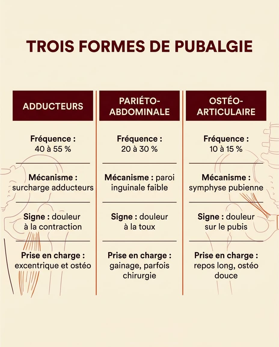 Infographie portrait en français comparant les trois formes principales de pubalgie en colonnes : tendinopathie des adducteurs, pubalgie pariéto-abdominale et ostéoarthropathie pubienne, avec mécanisme, signe clinique principal et prise en charge dominante, sur fond crème avec en-têtes bordeaux et corps ink