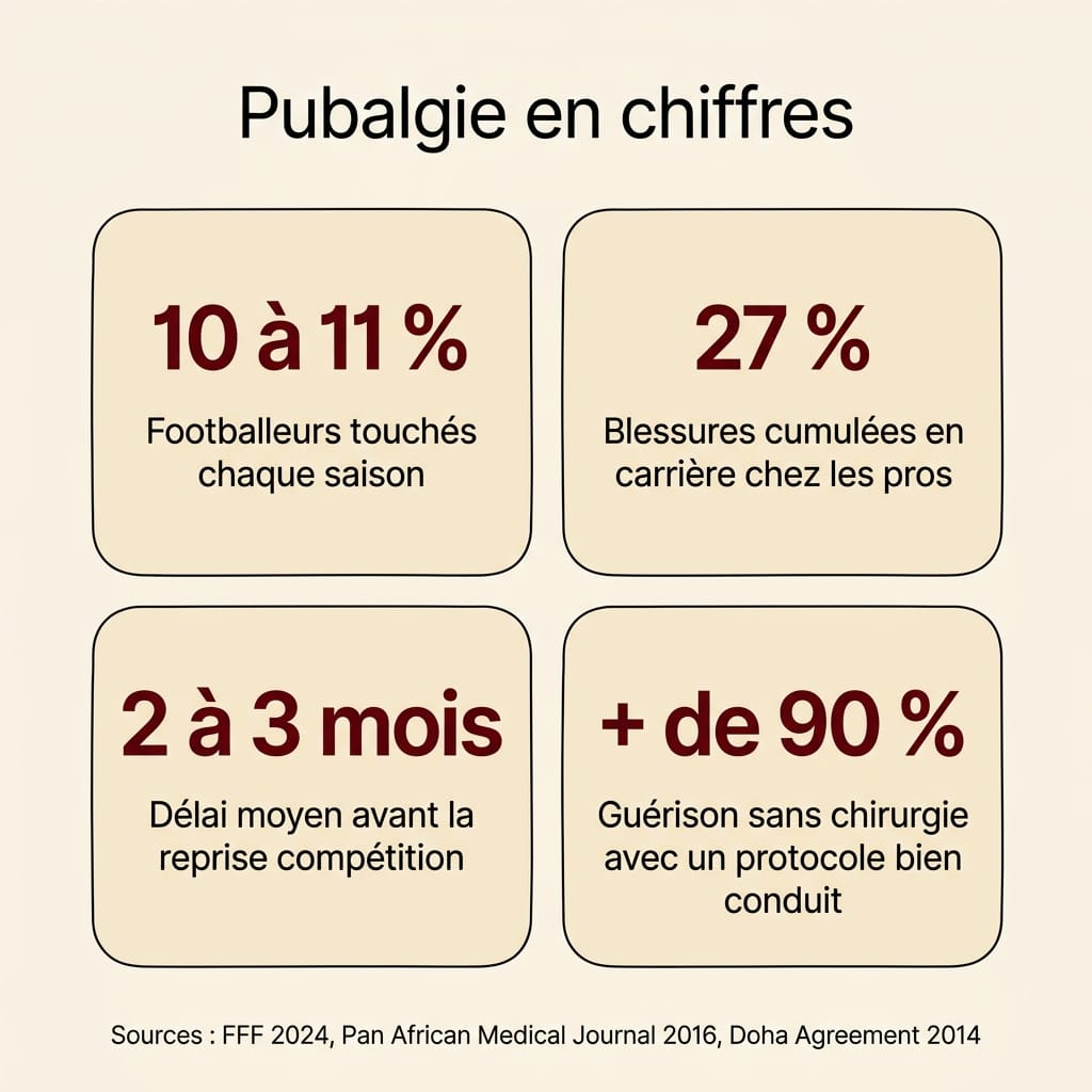 Infographie carrée en français présentant quatre chiffres-clés sur la pubalgie : 10 à 11 pour cent des footballeurs touchés chaque saison, 27 pour cent de blessures cumulées en carrière chez les pros, 2 à 3 mois de délai moyen avant la reprise compétition, et plus de 90 pour cent de guérison sans chirurgie avec un protocole bien conduit, disposition en grille 2x2 sur fond crème avec grands chiffres bordeaux et libellés ink en français