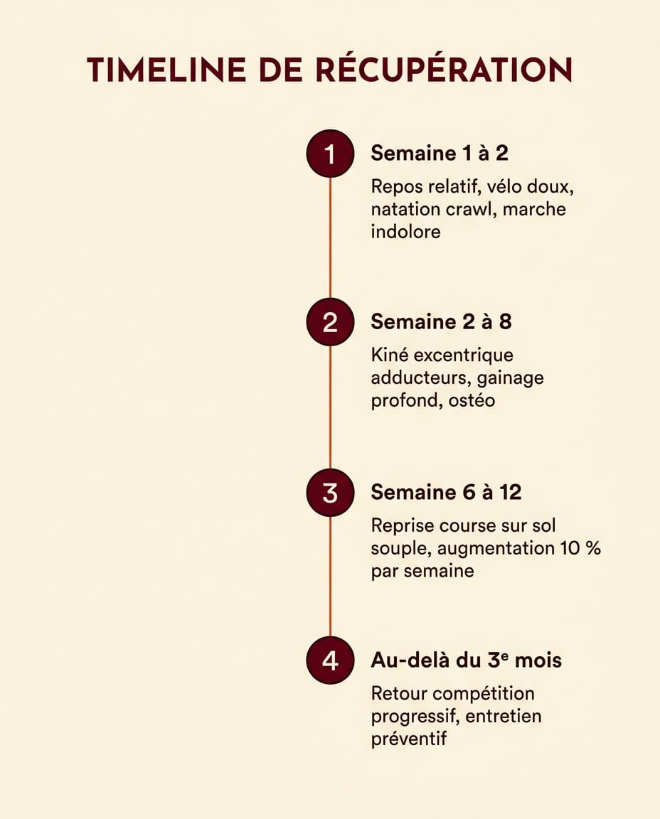 Infographie en français présentant la timeline de reprise après pubalgie en quatre étapes : repos relatif et activités douces les deux premières semaines, kinésithérapie active et ostéo de la semaine 2 à 8, reprise course progressive de la semaine 6 à 12, et retour au niveau initial au-delà du troisième mois, sur fond crème avec timeline bordeaux et numéros orange