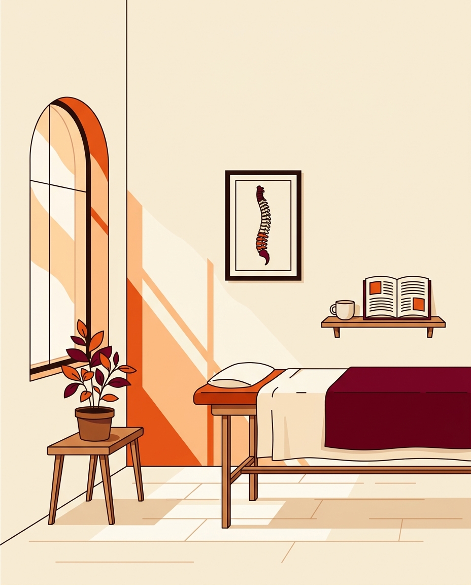 Illustration éditoriale du cabinet de Mia Stiel à Lyon 3 Part-Dieu : table de soin, plante, fenêtre arche et estampe anatomique